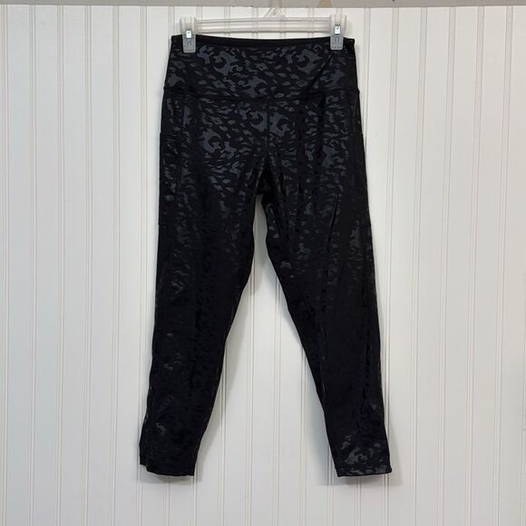 Black Shiny Leopard Print Pattern Ankle Length Leggings Women's L Athleisure - Picture 1 of 8